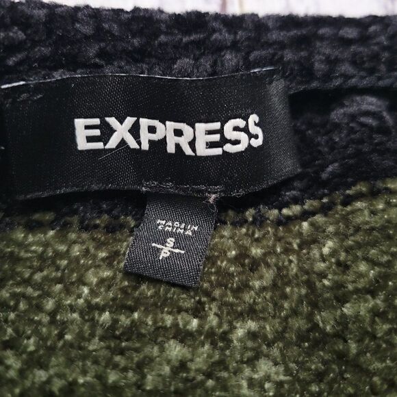Express Black Green Yellow & White Striped Small Soft Knit Cozy V-Neck Sweater - Picture 7 of 8
